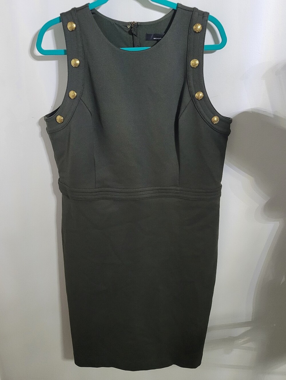 White House Black Market Olive Green Sheath Dress w/ Gold Buttons, Size 16